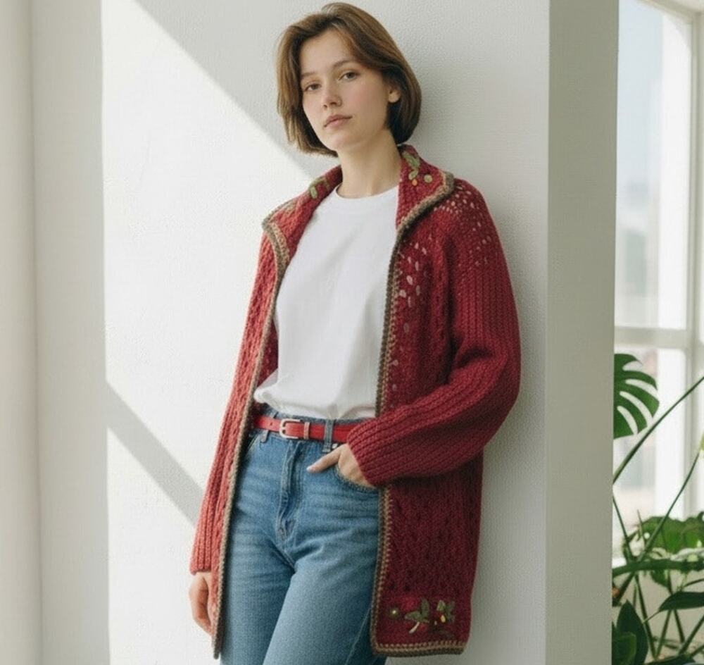 SASKIA Open Knit Cardigan Sweater Women's Small Burgundy Belted 3D Flowers Boho